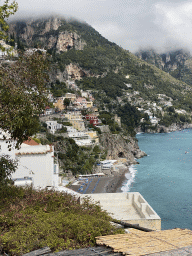 The town center, the Positano Spiaggia beach and the Tyrrhenian Sea, viewed from the Viale Pasitea street