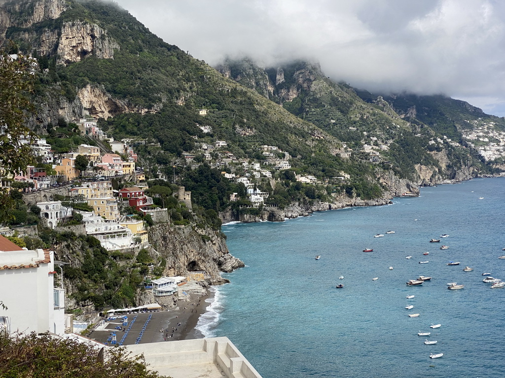 The town center, the Positano Spiaggia beach and the Tyrrhenian Sea, viewed from the Viale Pasitea street