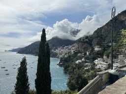 The town center and the Tyrrhenian Sea, viewed from the Amalfi Drive on the east side of town near the Villa TreVille hotel