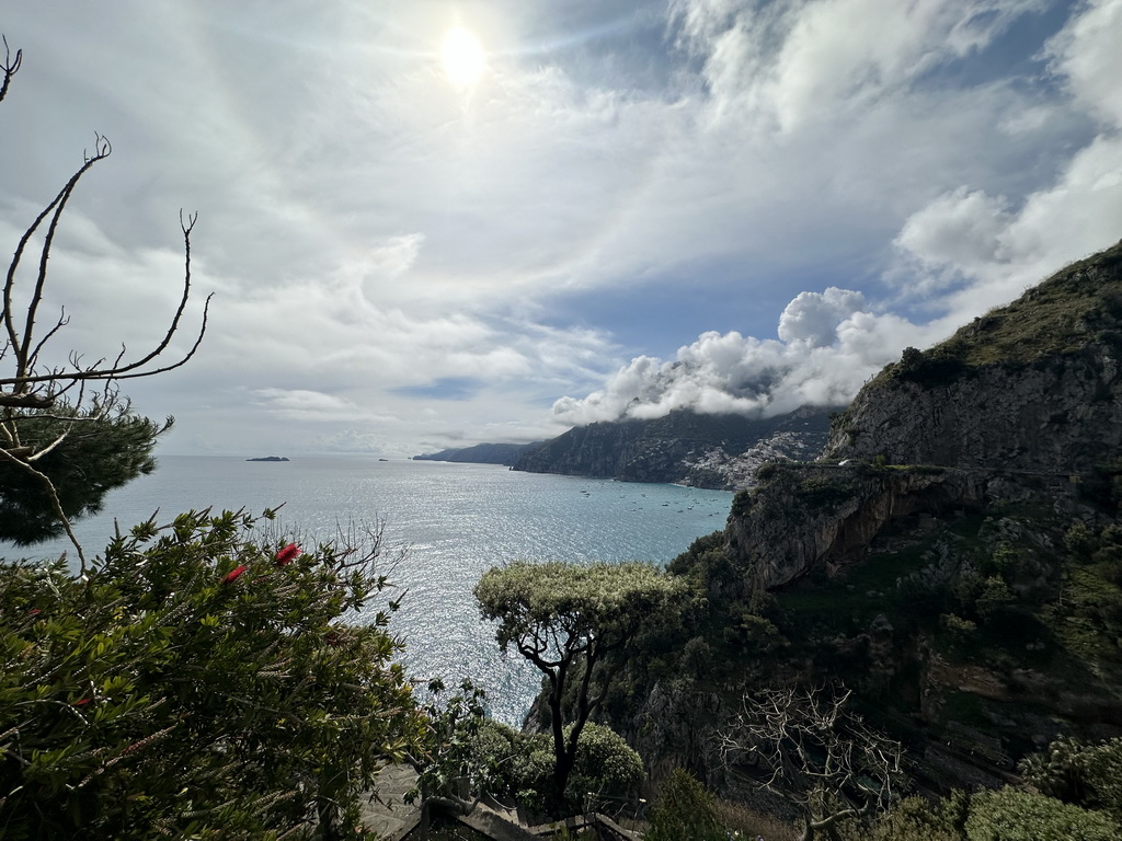 The town center and the Tyrrhenian Sea, viewed from the parking lot of the Il San Pietro di Positano hotel