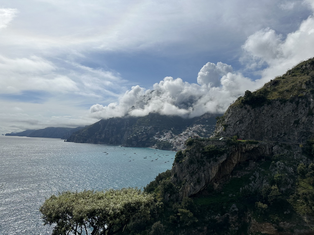 The town center and the Tyrrhenian Sea, viewed from the parking lot of the Il San Pietro di Positano hotel