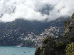 The town center and the Tyrrhenian Sea, viewed from the parking lot of the Il San Pietro di Positano hotel