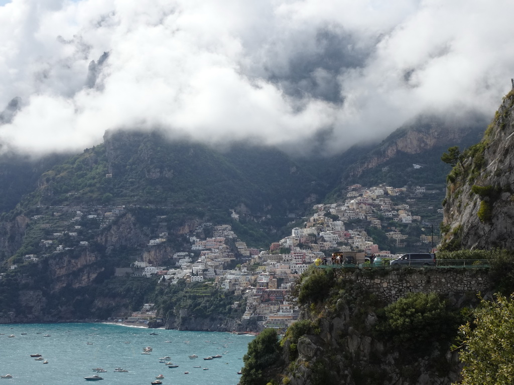 The town center and the Tyrrhenian Sea, viewed from the parking lot of the Il San Pietro di Positano hotel