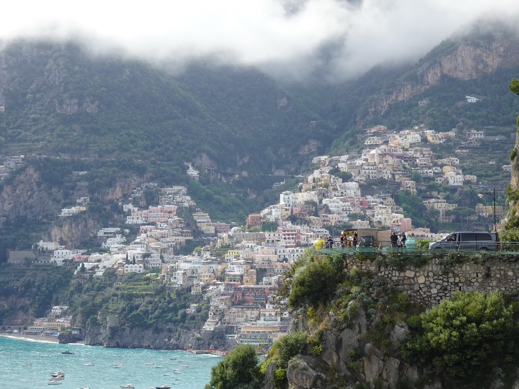 The town center and the Tyrrhenian Sea, viewed from the parking lot of the Il San Pietro di Positano hotel
