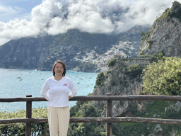 Miaomiao at the parking lot of the Il San Pietro di Positano hotel, with a view on the town center and the Tyrrhenian Sea