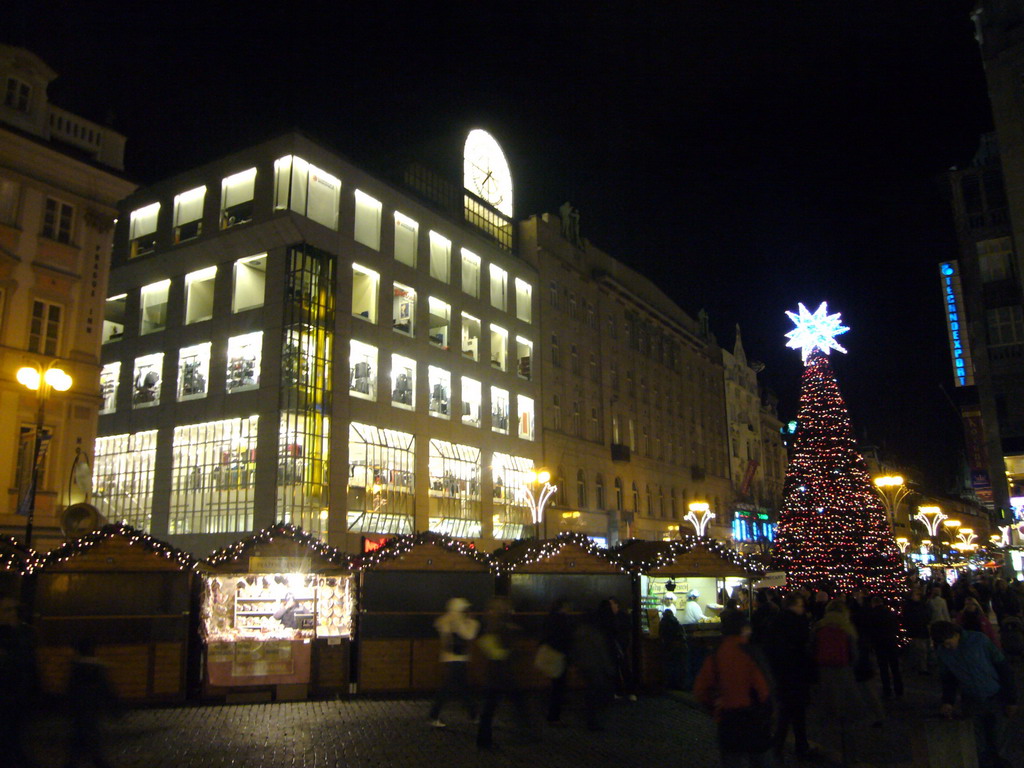 Wanceslas Square (Václavské námestí), with a shopping center and a christmas tree, by night