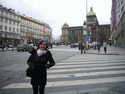 Miaomiao at Wenceslas Square, with the St. Wenceslas Monument and the National Museum