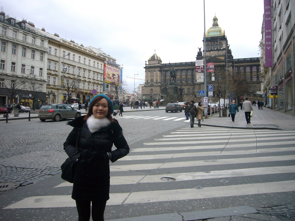 Miaomiao at Wenceslas Square, with the St. Wenceslas Monument and the National Museum