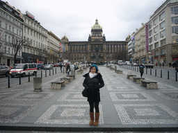 Miaomiao at Wenceslas Square, with the St. Wenceslas Monument and the National Museum