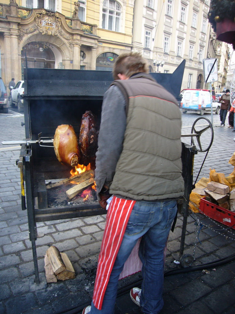 Meat being prepared at the christmas market at Old Town Square