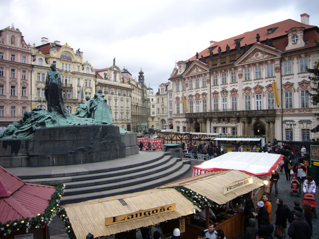 Old Town Square, with the Jan Hus Memorial, the Goltz-Kinský Palace and the christmas market