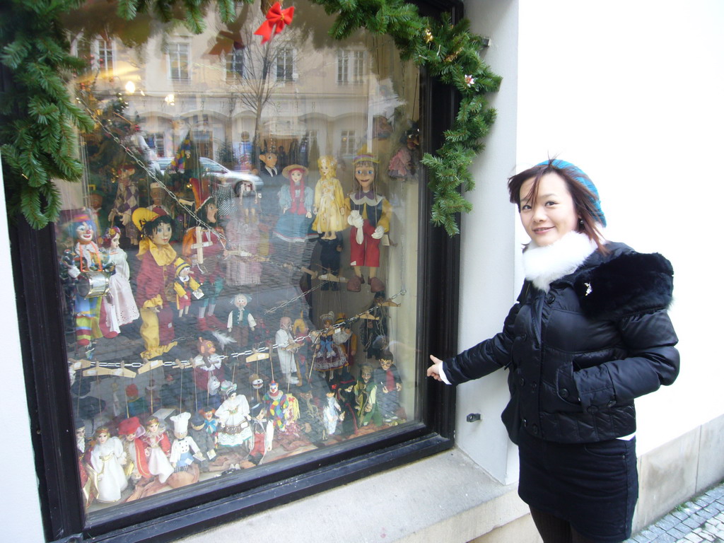 Miaomiao at a shopping window with wooden dolls