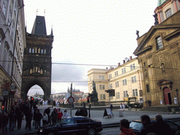 The Old Town Bridge Tower and the Knights of the Cross Square (Kriovnické námestí) with the statue of Charles IV and St. Francis Seraphinus Church