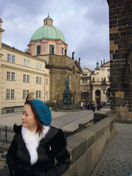 Miaomiao at the Knights of the Cross Square, with St. Salvator Church and the statue of Charles IV