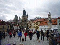 The west side of Charles Bridge, with the Judith Tower, the Lesser Town Bridge Tower and the statue of St. Phillip Benitius