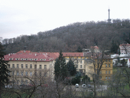 View from Úvoz Street on the Petrín Lookout Tower (Petrínská rozhledna) on Petrín Hill