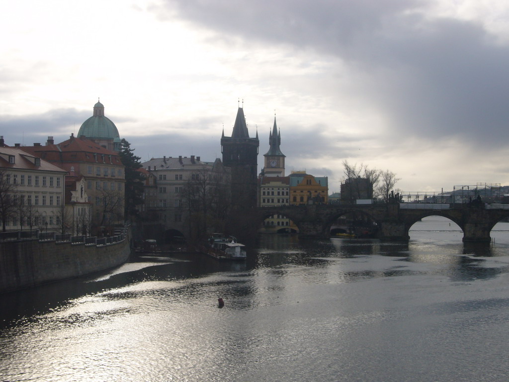 View on the St. Francis Seraphinus Church, the Old Town Bridge Tower and the Vltava river, from the Bridge of Legions