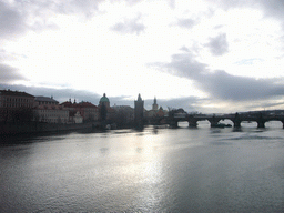 View on the St. Francis Seraphinus Church, the Old Town Bridge Tower, Charles Bridge and the Vltava river, from the Bridge of Legions