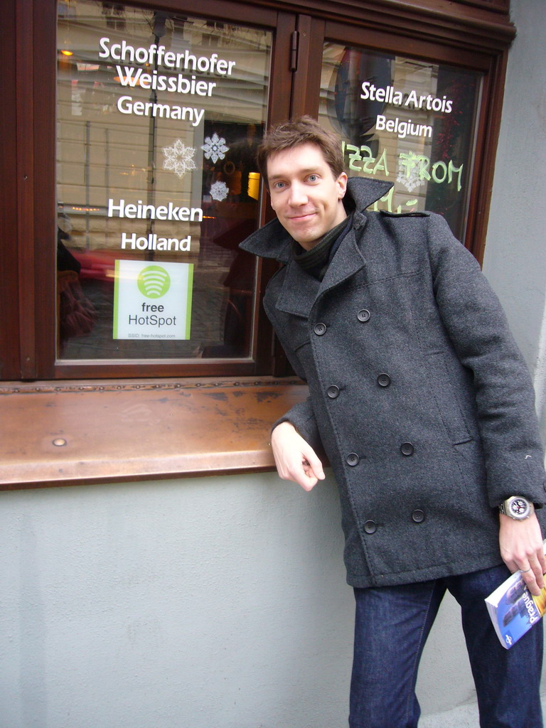 Tim and `Heineken Holland` on a pub window in the Lesser Town