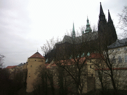 The back side of Prague Castle, with the St. Vitus Cathedral and the Powder Tower