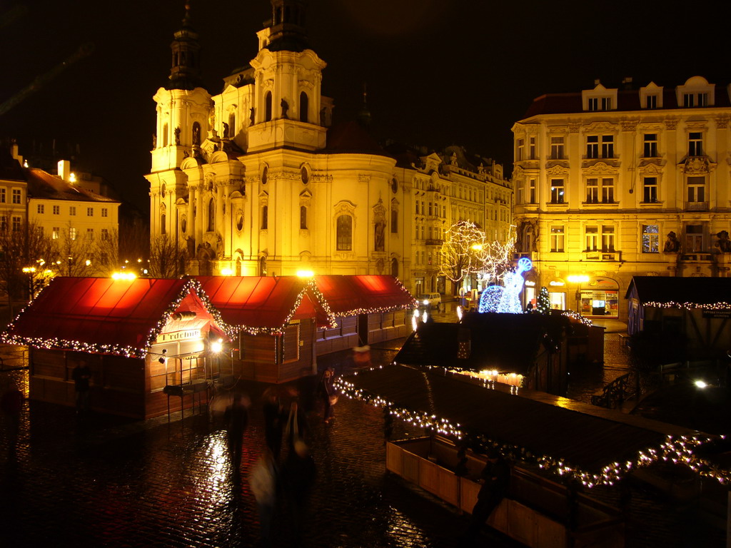 Old Town Square, with St. Nicholas Church, at christmas night