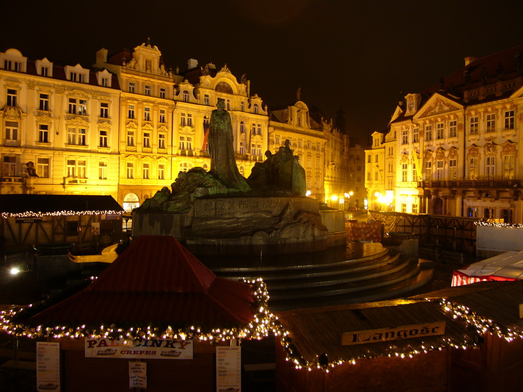 Old Town Square, with the Jan Hus Memorial and the Goltz-Kinský Palace, at night