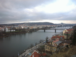 View on the Vltava river, the railway bridge eleznicní most and the west of Prague, from Vyehrad