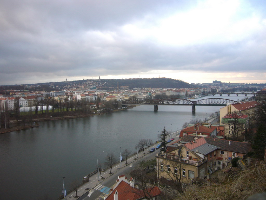 View on the Vltava river, the railway bridge eleznicní most and the west of Prague, from Vyehrad