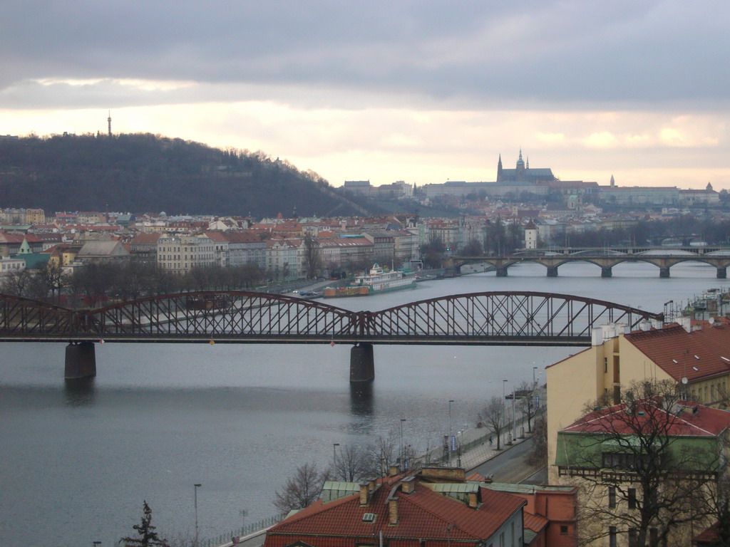 View on the Vltava river, eleznicní most, Palackého most, Prague Castle and the west of Prague, from Vyehrad