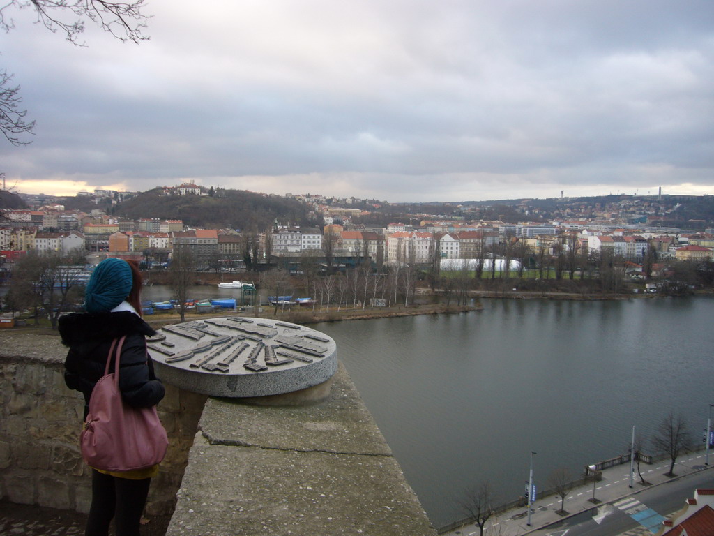 Miaomiao and a view on the Vltava river and the west of Prague, from Vyehrad