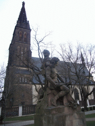 The sculpture `Premysl and Libue` by Josef Václav Myslbek and the Church of St. Peter and Paul, at Vyehrad