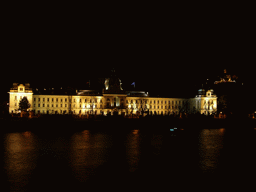 The Vltava river and Stranka Academy (Czech Cabinet), by night