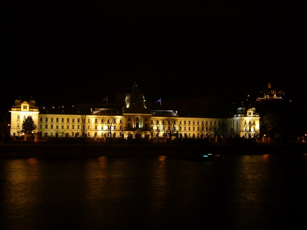 The Vltava river and Stranka Academy (Czech Cabinet), by night