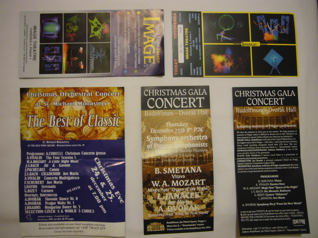 Flyers of the Black Light Theatre `Image`, the concert `The Best of Classic` and the Christmas Gala Concert.