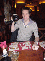 Tim with a Velkopopovický Kozel beer in the restaurant Svatého Václava