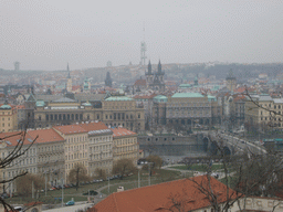 View from the Old Castle Stairs on the Mánes Bridge and the city center, with the church of Our Lady before Týn, the tower of the Old Town Hall, the Powder Gate and the ikov Television Tower