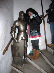 Miaomiao with an armour, in the Torture Museum at the Golden Lane