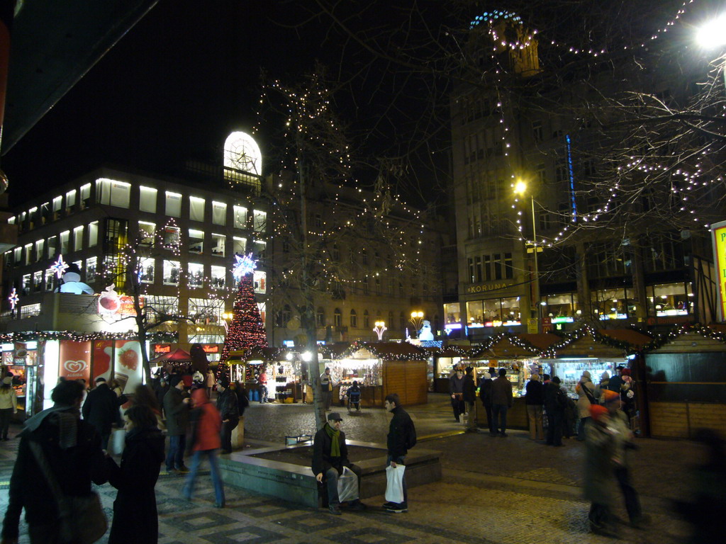 Wanceslas Square, with a shopping center and a christmas tree, by night