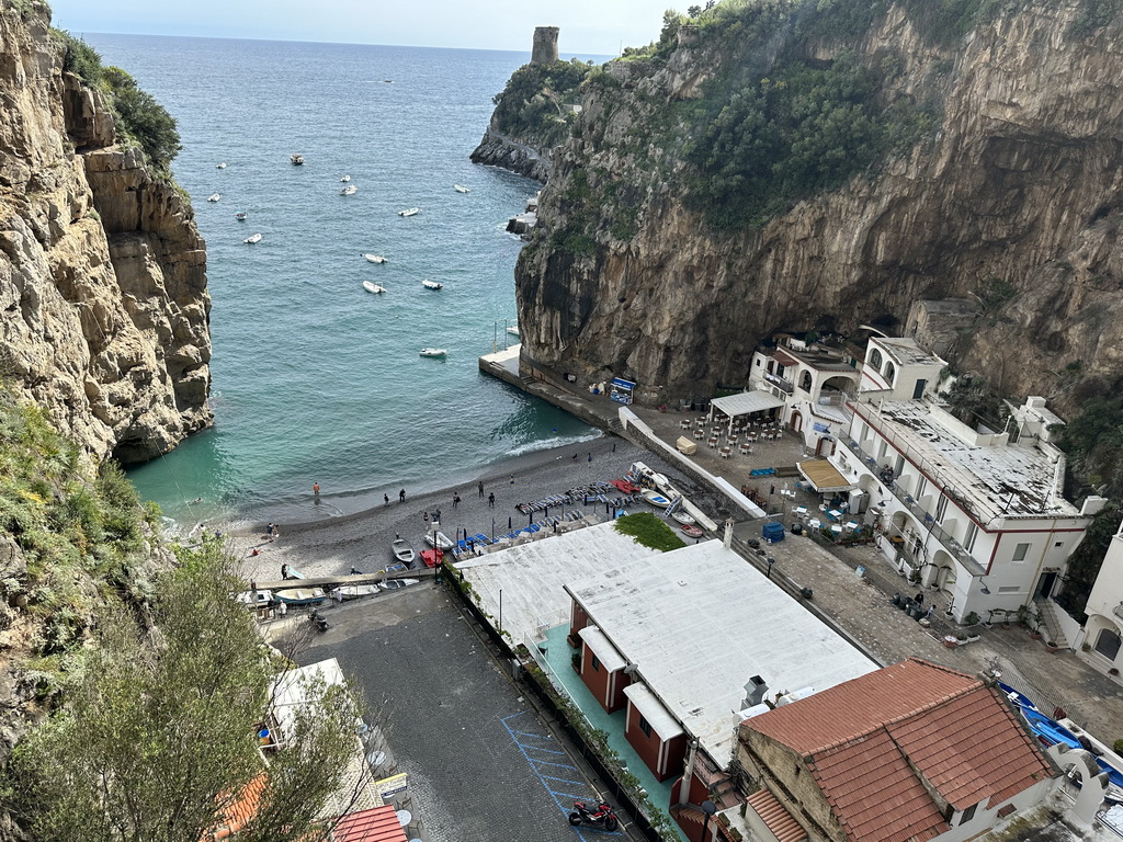 The Marina di Praia beach, the Torre Asciola tower and the Tyrrhenian Sea, viewed from a parking lot next to the Amalfi Drive