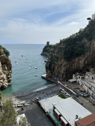 The Marina di Praia beach, the Torre Asciola tower and the Tyrrhenian Sea, viewed from a parking lot next to the Amalfi Drive