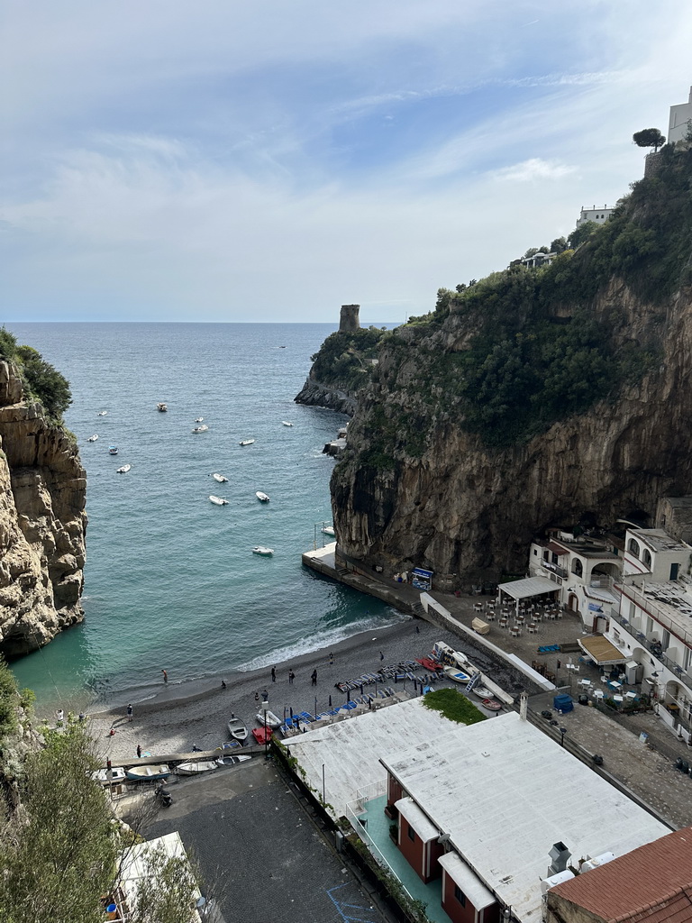 The Marina di Praia beach, the Torre Asciola tower and the Tyrrhenian Sea, viewed from a parking lot next to the Amalfi Drive