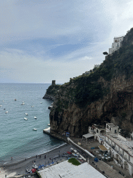 The Marina di Praia beach, the Torre Asciola tower and the Tyrrhenian Sea, viewed from a parking lot next to the Amalfi Drive