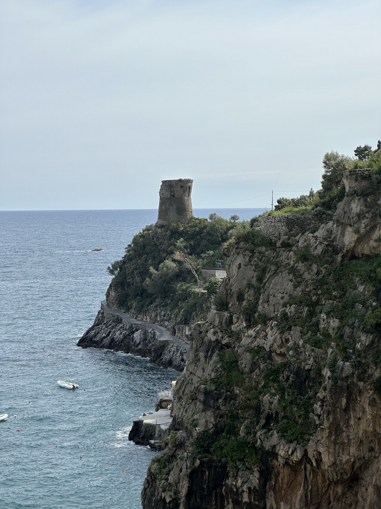 The Torre Asciola tower and the Tyrrhenian Sea, viewed from a parking lot next to the Amalfi Drive