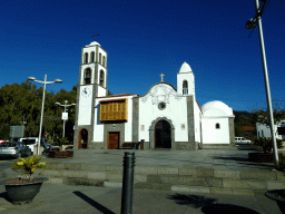 The Iglesia de Santiago del Teide church at the town of Santiago del Teide, viewed from the rental car on the Avenida de la Iglesia