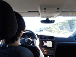 Miaomiao driving the rental car on the TF-5 road just south of the town of Genovés