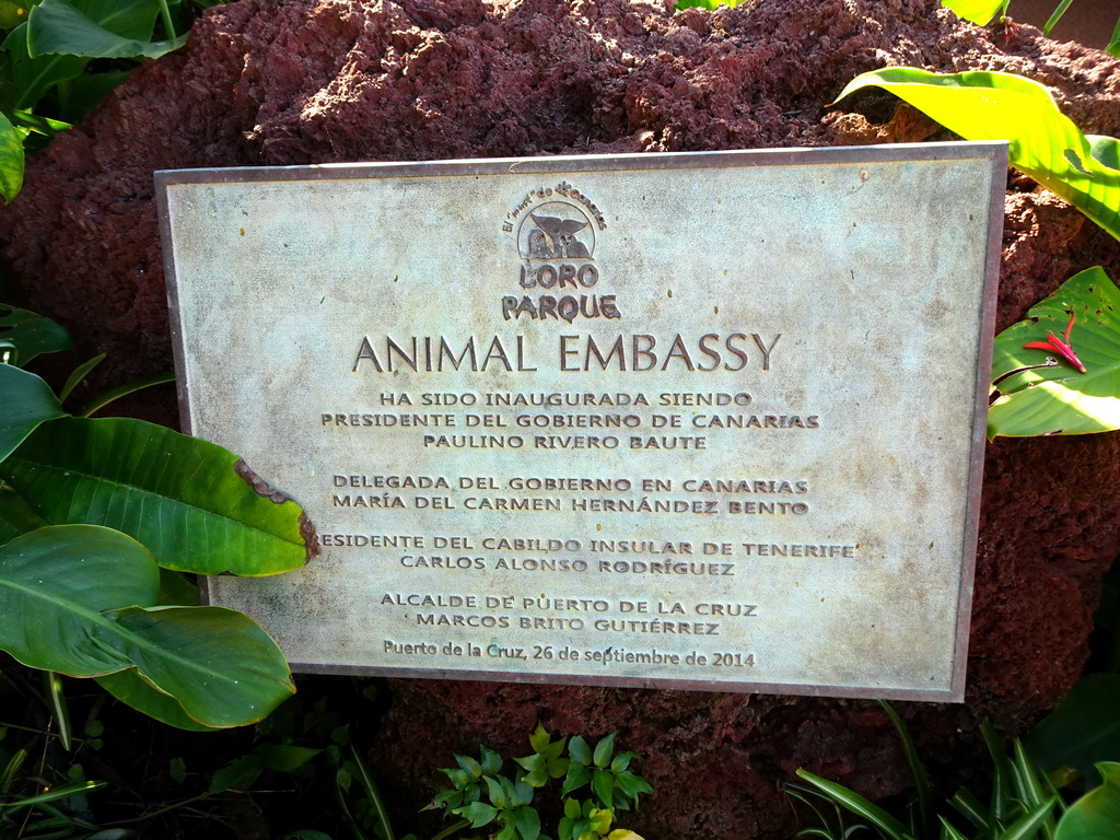 Plaque about the Animal Embassy at the Loro Parque zoo, during the Discovery Tour