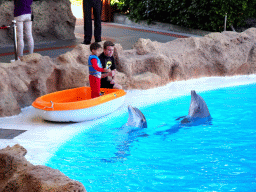 Zookeeper and Dolphins at the Dolphinarium at the Loro Parque zoo, during the Dolphin show