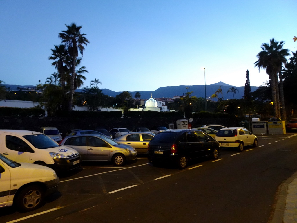 The Calle Bencomo street and the small tower at the entrance to the Loro Parque, at sunset
