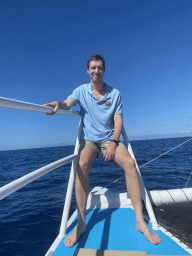 Tim on the deck of the Sagitarius Cat boat
