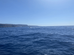 Jet ski and parasail in front of the coastline, viewed from a small boat from the jet ski to the Sagitarius Cat boat